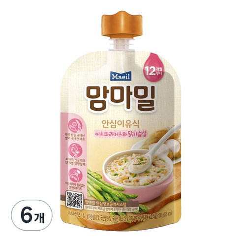 맘마밀 안심 이유식 12개월부터 100g, 아스파라거스와 닭가슴살, 6개