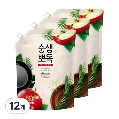 순샘 뽀독 주방세제 애플향 리필형, 12개, 1.5L