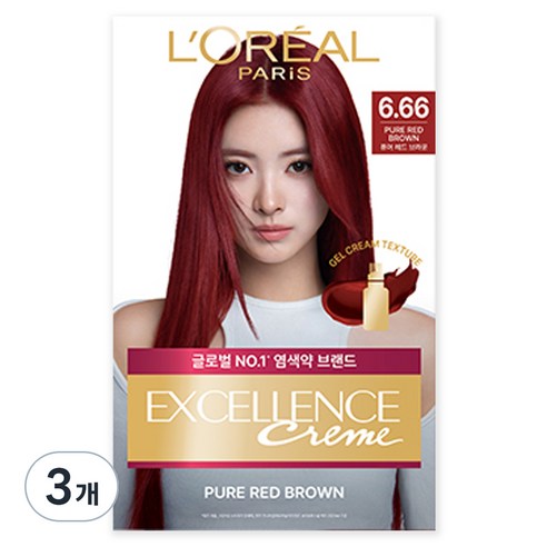 로레알파리 NEW 엑셀랑스 크림, 6.66호 퓨어 레드 브라운, 3개