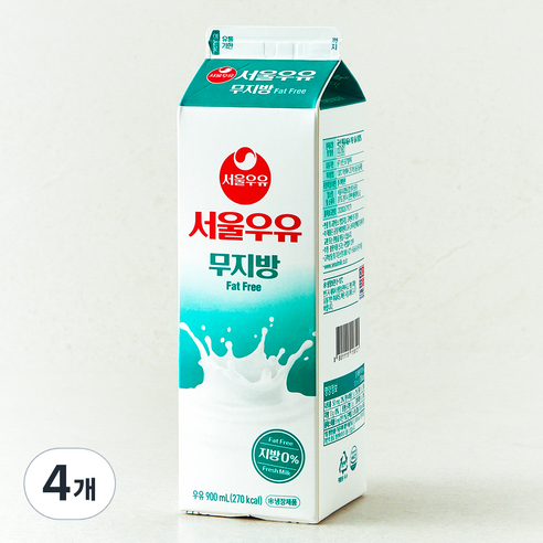 서울우유 무지방 우유, 4개, 900ml