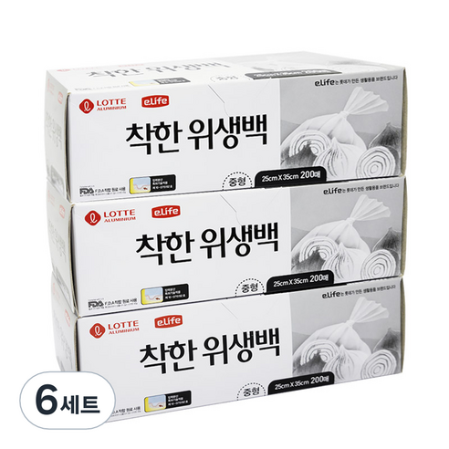 롯데이라이프 착한 위생팩 증 200매 x 3개, 중(M), 200개, 18개