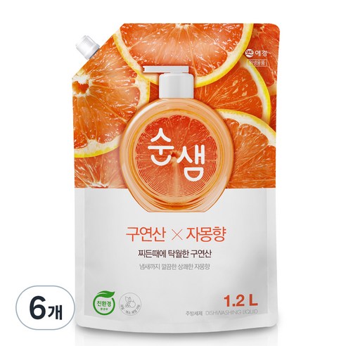 순샘 구연산 자몽 주방세제 리필, 1.2L, 6개