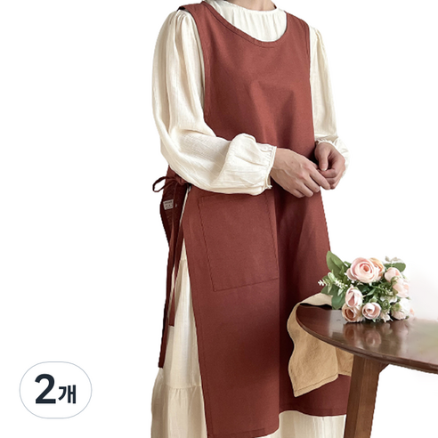 헬로젬 린넨 사이드 트임 롱 앞치마, 적갈색, 2개