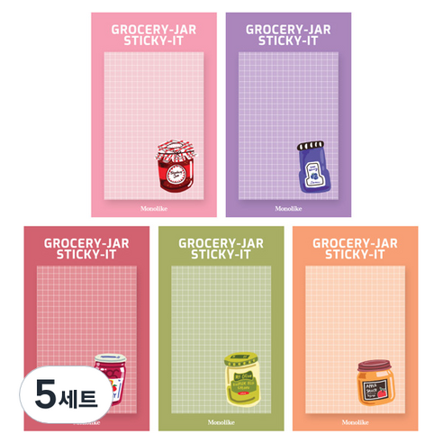 모노라이크 스티키 점착메모지 5종 세트 그로서리 자, Strawberry jam, Blueberry jam, Cherry jam, Olives, Apple sauce, 5세트