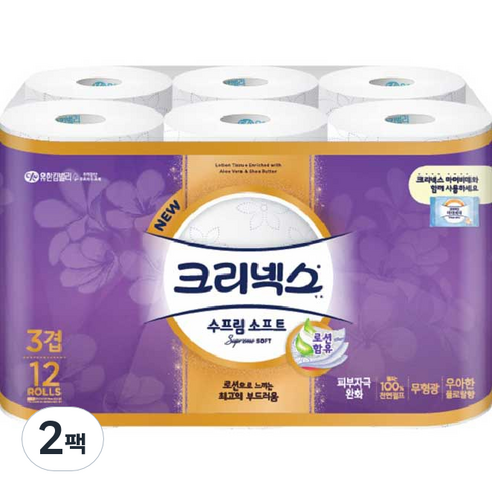 크리넥스 수프림 소프트 천연펄프 3겹 화장지 27m, 12롤, 2팩