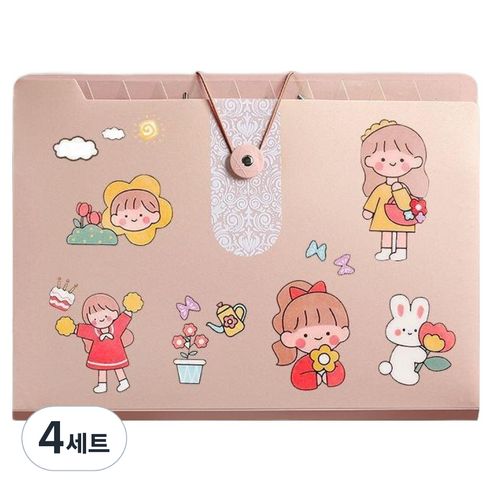 올인셀 데일리 아코디언 파일 12칸 A4 + 스티커 세트, 체리 핑크(파일), 4세트