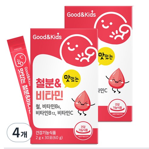 굿앤키즈 유아용 맛있는 철분 & 비타민 딸기맛 30p, 60g, 4개