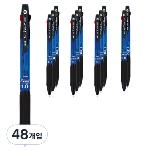 자바펜 초저점도 3색 유성 제트3볼 볼펜 1.0mm, 블루, 48개입