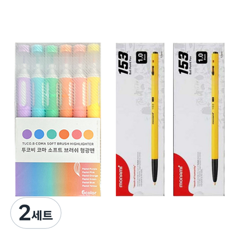 투코비 코마 소프트 브러쉬 형광펜 6종 + 모나미 153 볼펜 1.0mm 24p 세트, 파스텔퍼플, 파스텔블루, 파스텔그린, 파스텔오렌지, 파스텔핑크, 파스텔옐로우(형광펜), 블랙(볼펜), 2세트