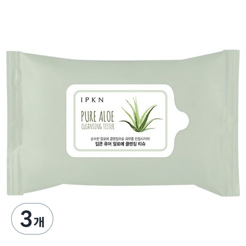 입큰 휴대용 퓨어 알로에 클렌징 티슈, 20매입, 3개