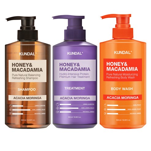 쿤달 허니 앤드 마카다미아 네이처 아카시아모링가향 샴푸 500ml + 트리트먼트 500ml + 바디워시 500ml, 1개