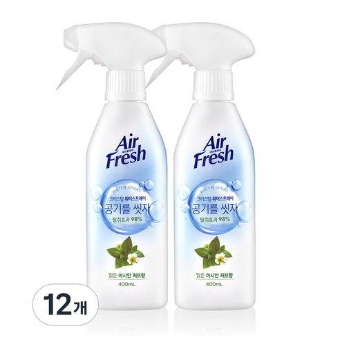 에어후레쉬 크리스탈 워터스프레이 맑은 아시안 허브향 실내 탈취제 본품, 400ml, 12개