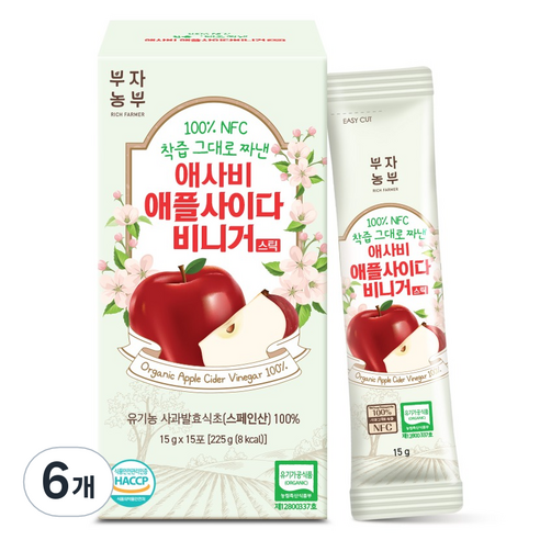 부자농부 100 NFC 착즙 그대로 짜낸 애사비 애플사이다비니거 스틱 15p, 6개, 225g