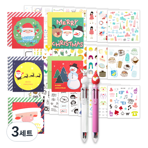 투영디자인 X mas 카드 5종 + X mas 6색 볼펜 랜덤발송 2p + 인스 스티커 28종 세트, 혼합색상, 3세트