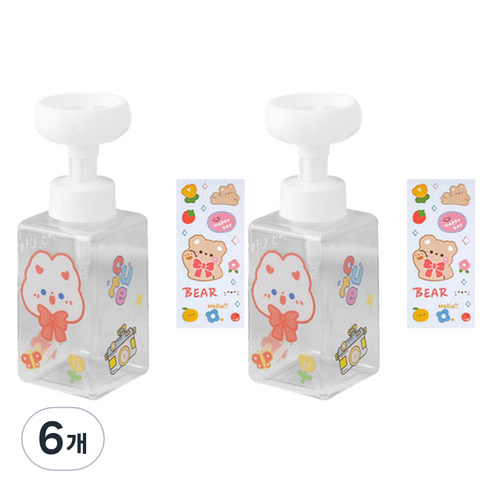 더자카 플라워 거품 핸드워시 디스펜서 2p 450ml + 스티커2p 랜덤발송, 투명, 6개