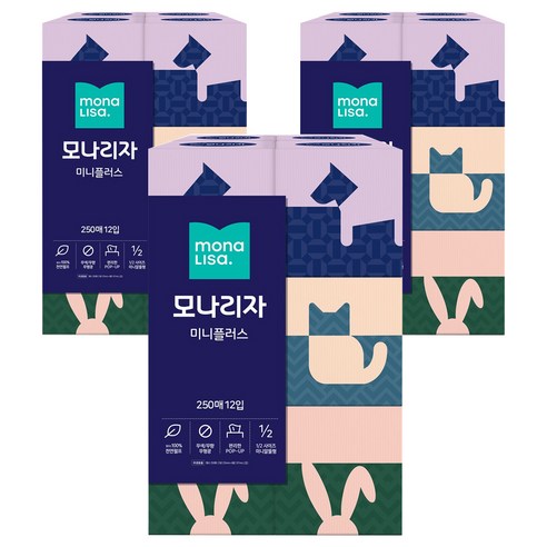 모나리자 미니플러스 미용티슈 250매, 12개입, 3개