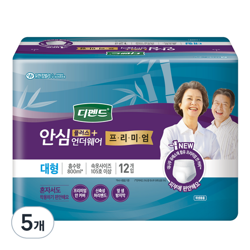 디펜드 남녀공용 프리미엄 안심플러스 언더웨어 성인기저귀 대형, 12매입, 5개