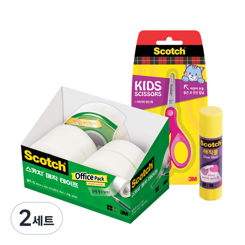 스카치 매직 테이프 오피스 팩 디스펜서 MT-5 + 테이프 리필 18mm x 25m 4p + 손편한 어린이 양손가위 + 매직 풀 6625 25g, 핑크(양손가위), 2세트