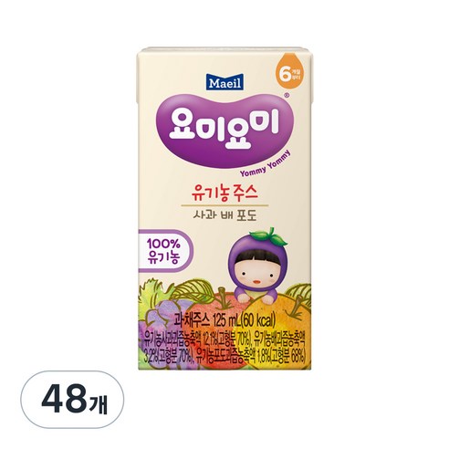 맘마밀요미요미 유기농 주스 125ml, 사과포도배, 48개