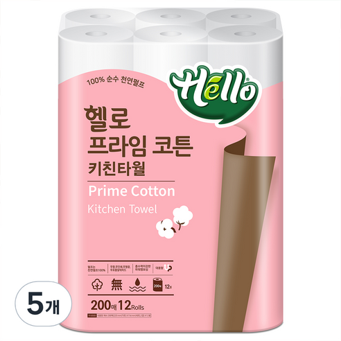 헬로 프라임코튼 천연펄프 키친타월, 12개입, 5개
