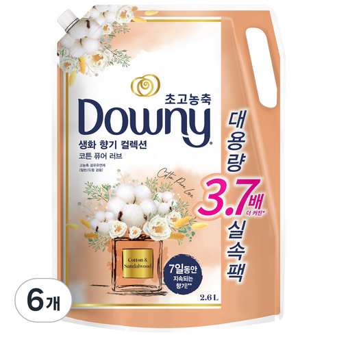 다우니 생화향기 컬렉션 섬유유연제 코튼 퓨어러브 리필, 2.6L, 6개