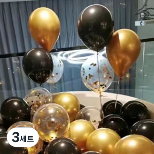 뷰라뷰 파티풍선 50p + 공기펌프 + 10m 리본 세트, 09.골드+블랙+골드스팽글, 3세트