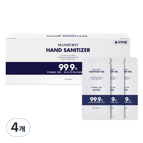 맨허스트 에탄올 70퍼센트 일회용 손소독제 100p, 200ml, 4개