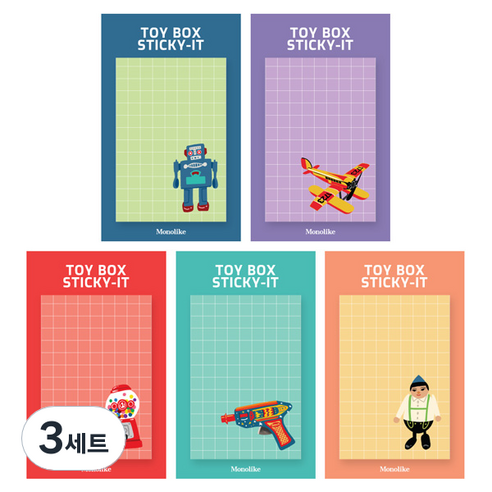 모노라이크 스티키 점착메모지 5종 세트 토이 박스, Robot, Air plane, Candy machine, Space gun, Wooden doll, 3세트