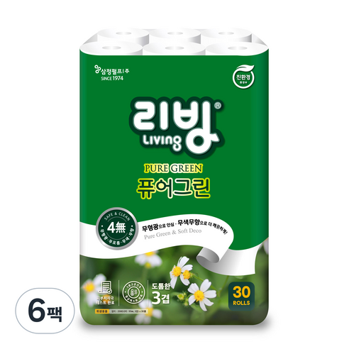 리빙 퓨어그린 화장지, 6팩, 30롤