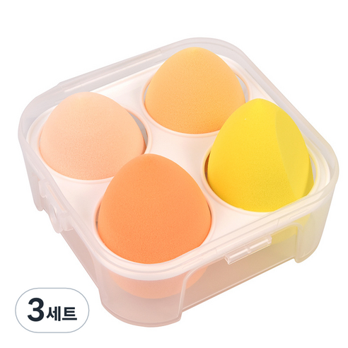 타이탄 뷰티 물방울 에그 똥퍼프 메이크업 스펀지 4종 + 케이스 세트, 옐로우, 3세트