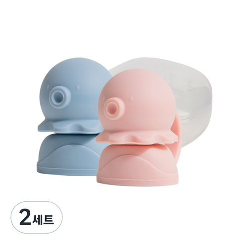 퍼기 유아용 이유식 파우치 토퍼 문어캡 2종 + 케이스 세트, 2세트, 핑크 + 블루
