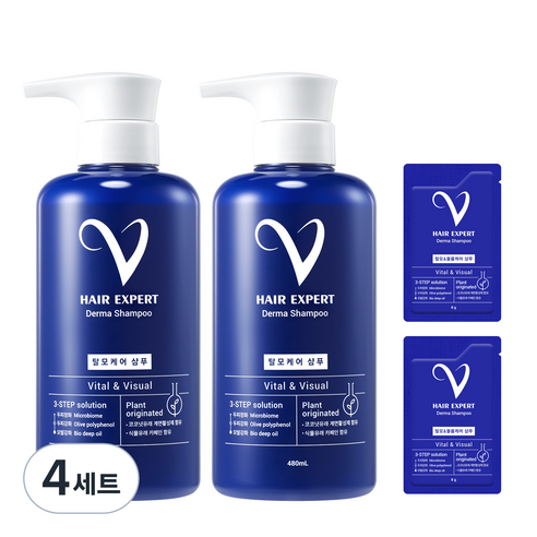 유한양행 브이헤어엑스퍼트 더마 탈모완화 샴푸 480ml x 2p + 볼륨플러스 8g x 2p 세트, 480g, 4세트