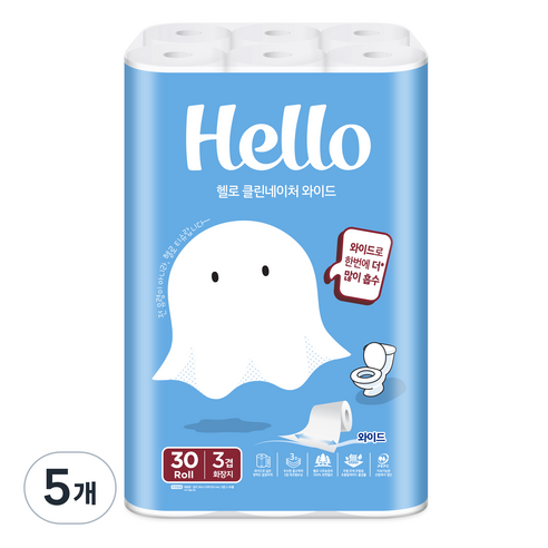 헬로 클린네이처 천연펄프 3겹 와이드 롤화장지 30m, 30개입, 5개