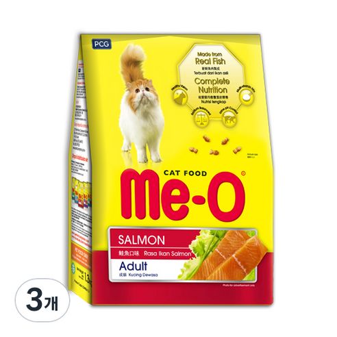 MeO 어덜트용 고양이 연어 건식사료, 생선, 1.1kg, 3개
