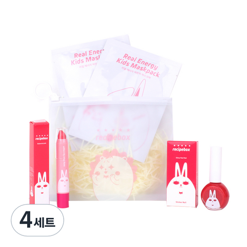 레시피박스 어린이 여행용 심플 메이크업 세트, 휴대용 파우치 + 어린이 마스크팩 2p + 립크레용 + 매니큐어 글로시펄 레드, 4세트