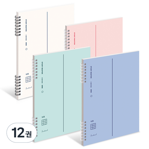 It spring 좌철 2분할 그리드 노트 4종 세트, 화이트+파스텔핑크+민트+인디블루, 3세트