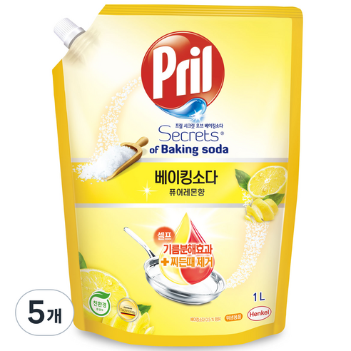 프릴 베이킹소다 세제 퓨어레몬향, 1L, 5개