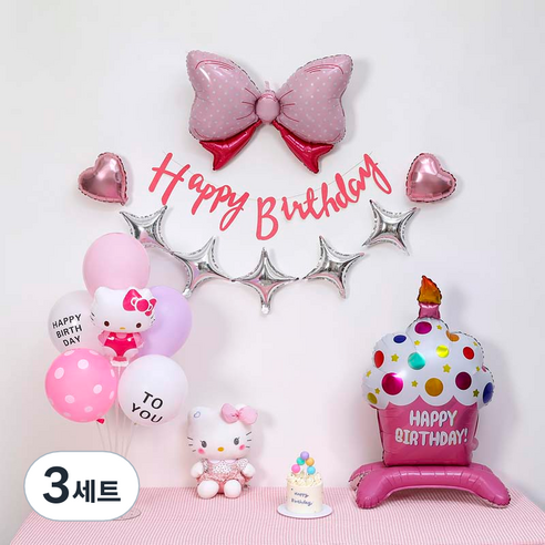 피앤비유니티 핑크 캐릭터 생일 케익 풍선 가랜드 세트, 03 헬로키티 핑크, 3세트