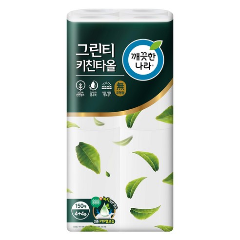 깨끗한나라 그린티 천연펄프 키친타올 150매, 8롤, 1팩
