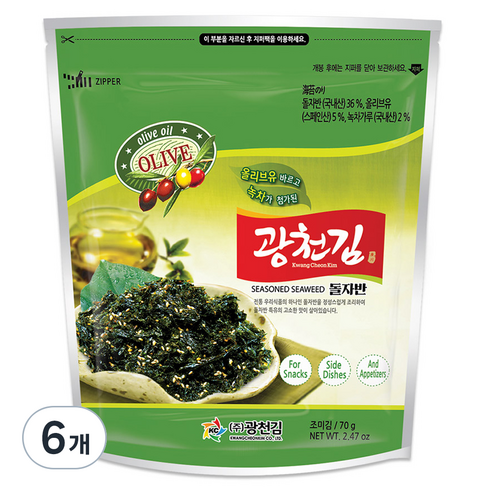 광천김 올리브 녹차 돌자반, 70g, 6개