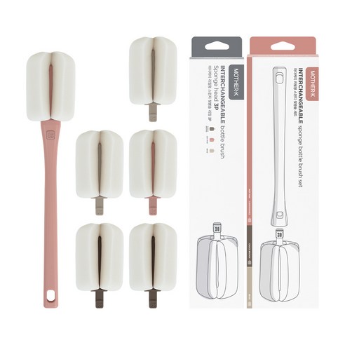 마더케이 국산 리필형 롱핸들 젖병솔 세트 + 젖병솔 리필 3p, 인디핑크(핸들), 1세트