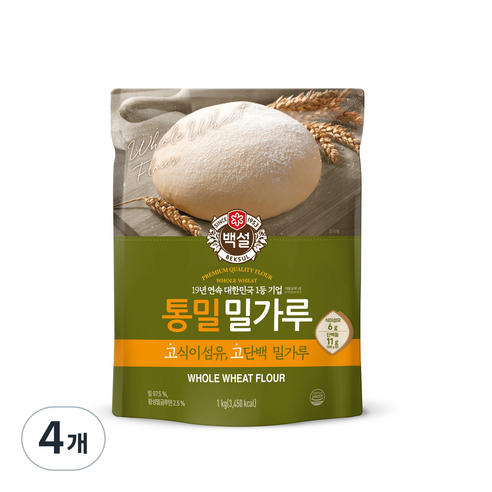 백설 통밀밀가루, 1kg, 4개