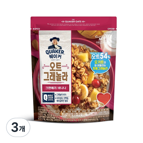 롯데제과 퀘이커 오트 그래놀라 시리얼 크랜베리바나나, 200g, 3개