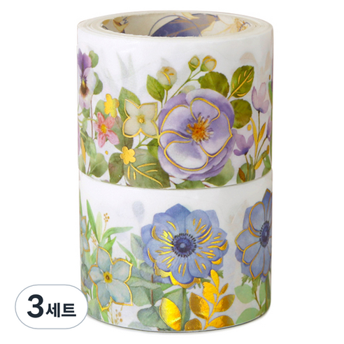 인디케이 보태닉 플라워 마스킹 테이프 3cm x 3m 2종 세트, 퍼플, 블루, 3세트