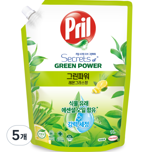 프릴 시크릿 오브 그린파워 주방세제 레몬그라스향, 1L, 5개