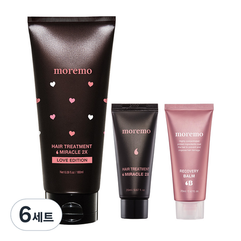 모레모 헤어 트리트먼트 미라클 2X 러브 에디션 180ml + 미라클 2X 헤어 트리트먼트 20ml + 리커버리 밤 B 20ml 세트, 6세트