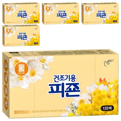 피죤 건조기용 시트 섬유유연제 옐로미모사 본품, 5개