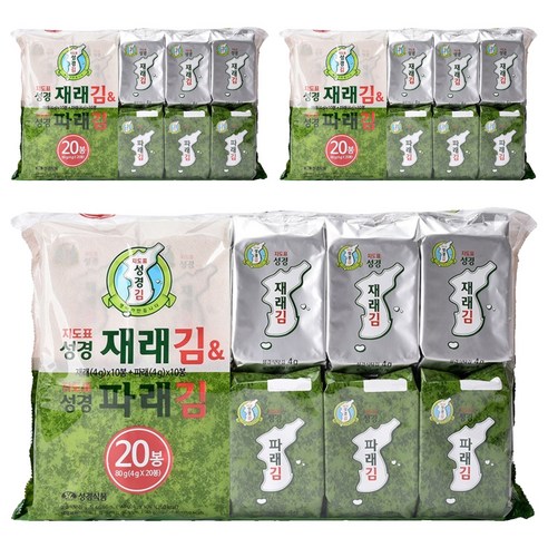 성경식품 지도표 재래식 성경식탁김 4g x 10p + 파래김 4g x 10p, 80g, 3개