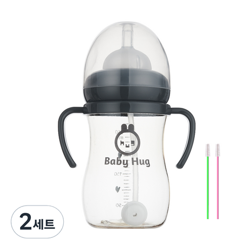 하이비 베이비 허그 빨대컵 + 빨대솔 2p 세트, 그레이, 2세트