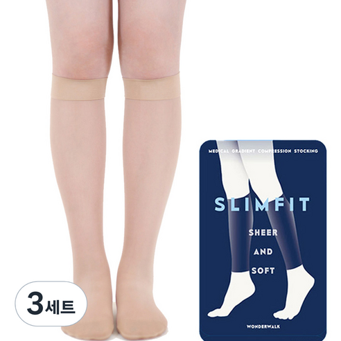 원더워크 슬림핏 의료용압박스타킹 발막힘, 3세트, 무릎형